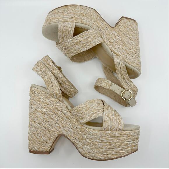 Just Fab Mia Sandals Women Sz 6 Beige Notched Wedge Straps Crisscross Espadrille - Picture 7 of 9